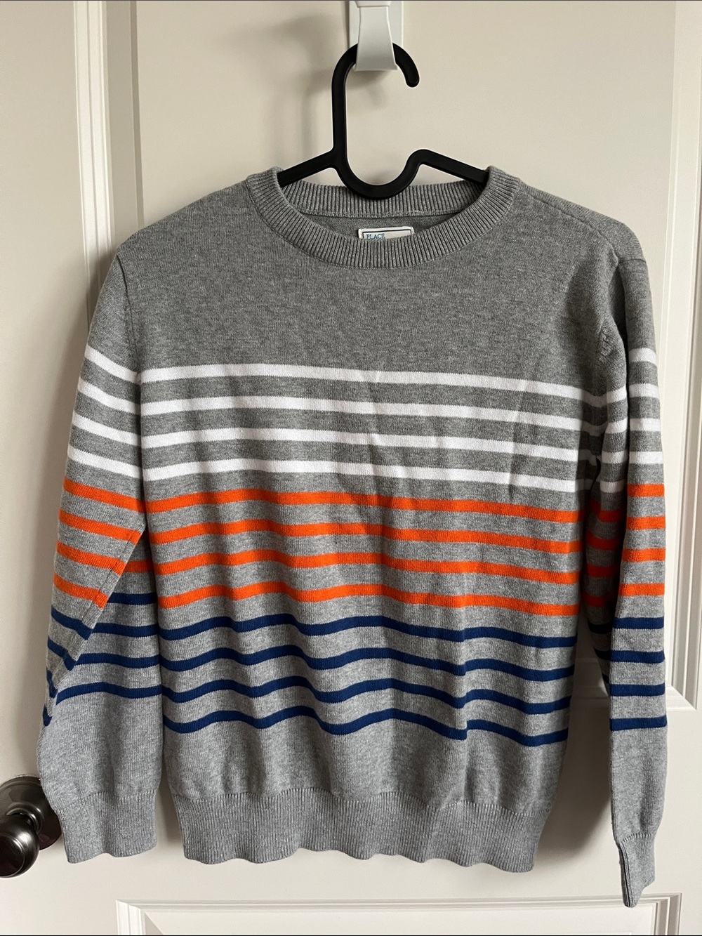 Place Kid’s Gray Crewneck Sweater with Orange & Navy Stripes